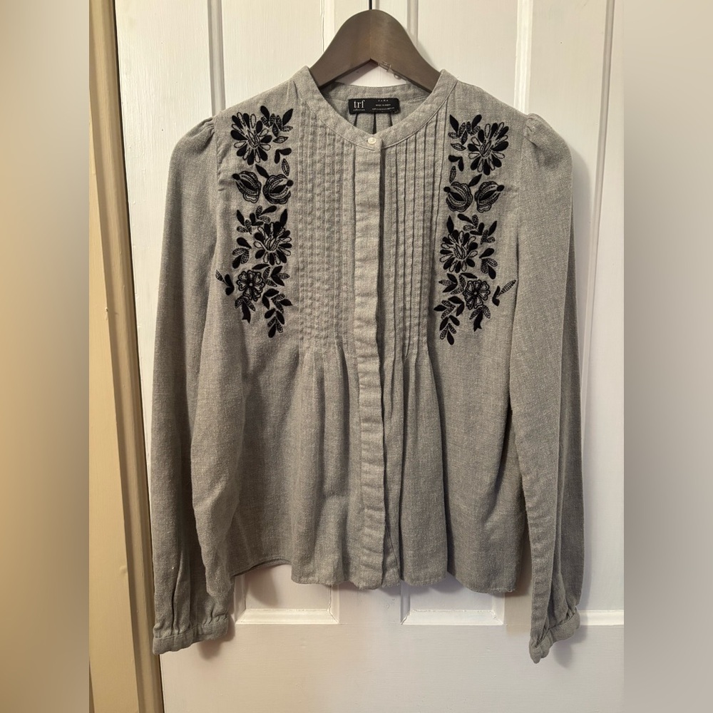 Zara Gray Blouse with Black Floral Design